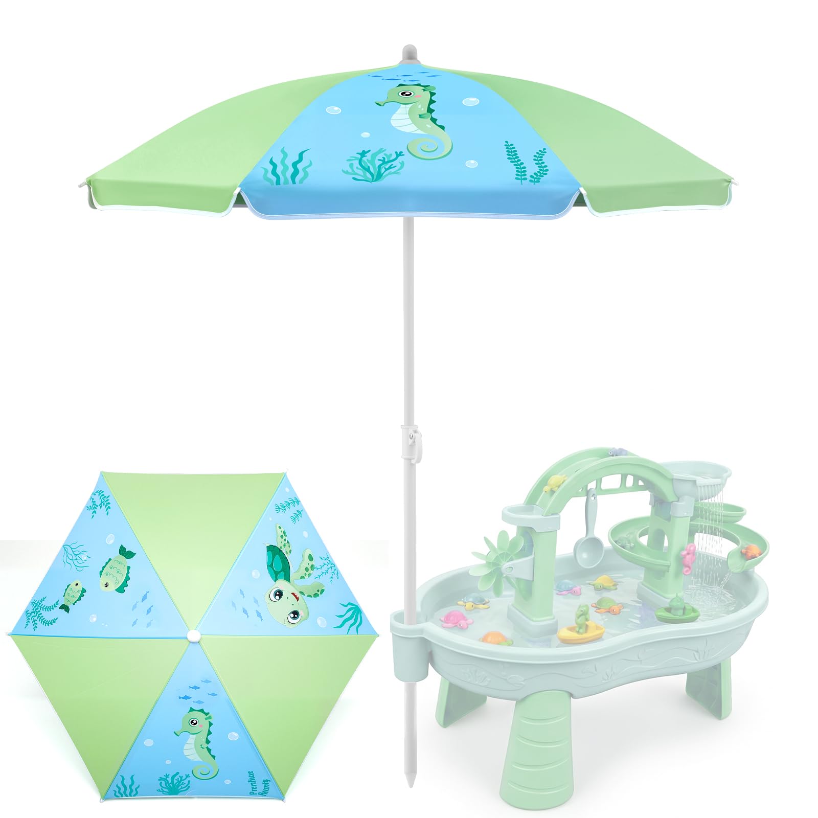 Sweetude Water Table Umbrella (Table Not Included), Kids Seaside Beach Umbrella Picnic Canopy for Summer Toddlers Shade Sand Beach Camping Garden Outdoor Pool Party Supply(Sea ​​turtles Seahorses)