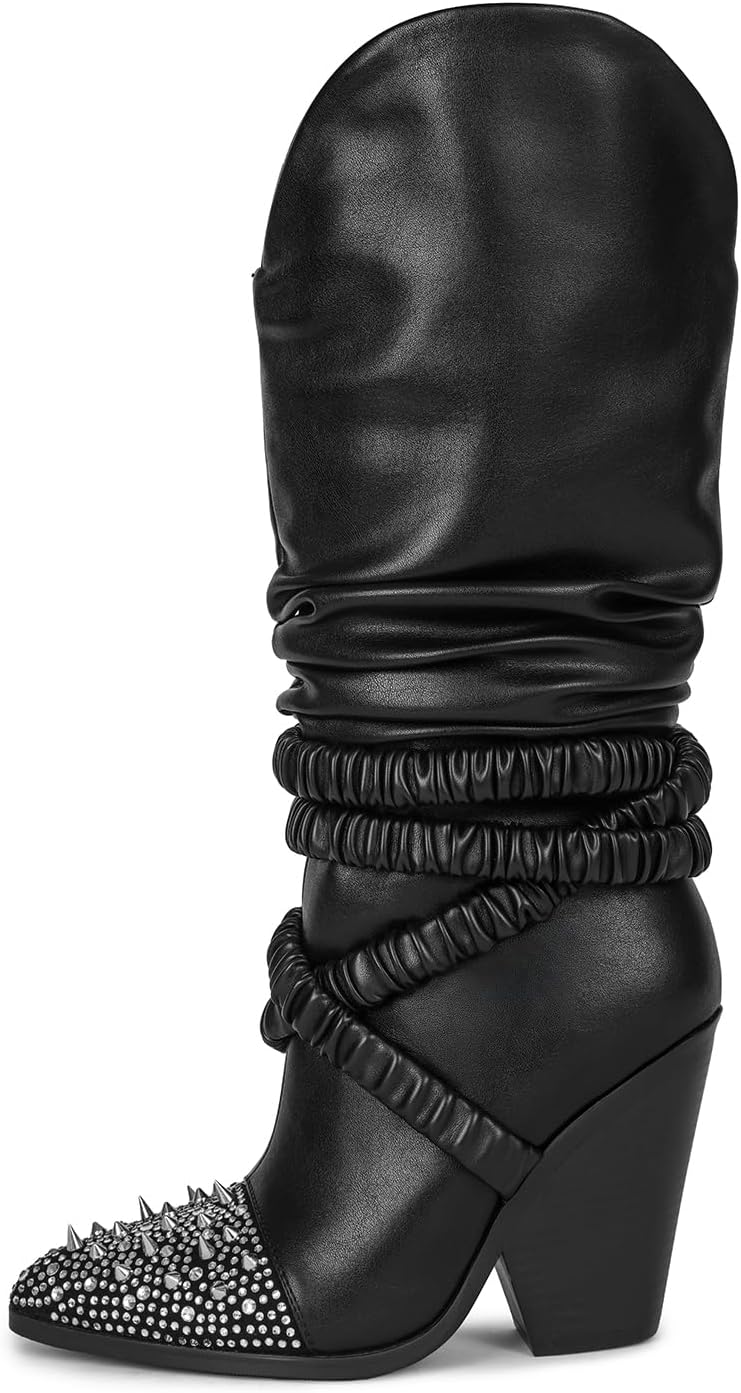 Chunky Heel Knee High Western Cowboy Boots, Black Elastic Band Punk Rock Silver Studded Rhinestone Slip-On Long Boots