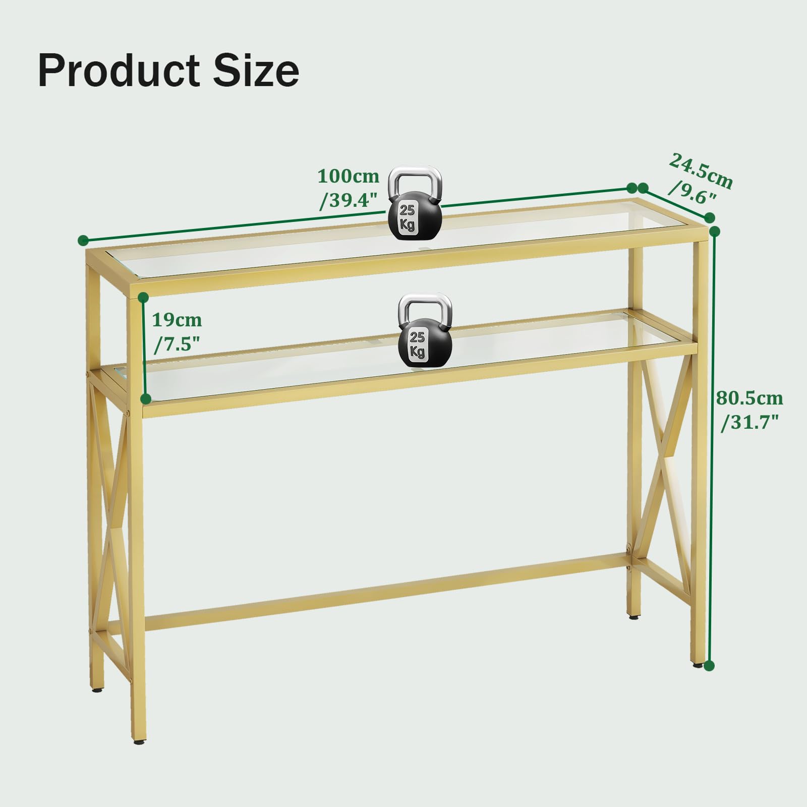 YMYNY Konsolentisch, Gehärtetes Glas Sofa Tisch, Industrieller Eingangstisch für Flur, Schmaler Sofastisch mit Regalen, Kompakter Anzeigetisch für kleine Räume, 101×25×80.5CM Golden HGD007G