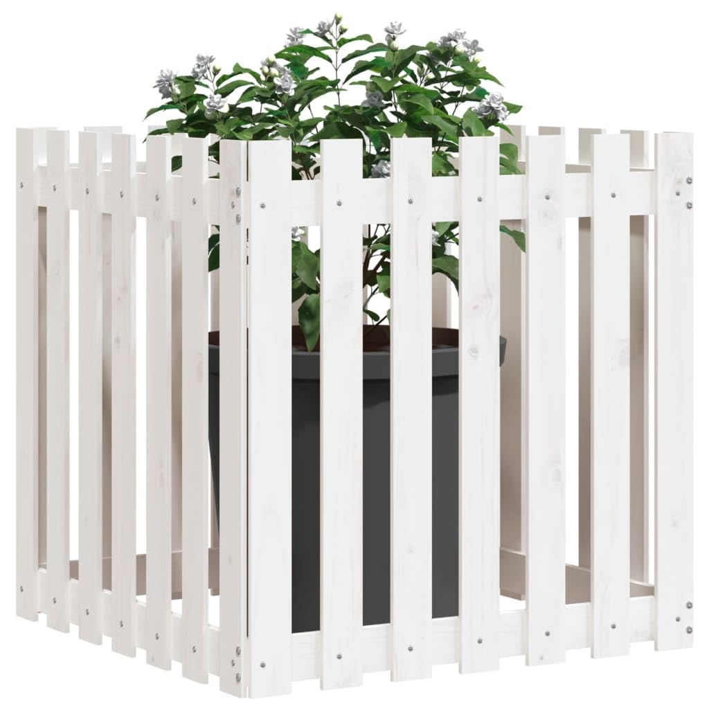 Macetero con diseño de valla de listones, color blanco, 70 x 70 x 70 cm, de madera maciza de pino para flores y plantas, maceta profunda con mucho espacio, uso versátil, material natural