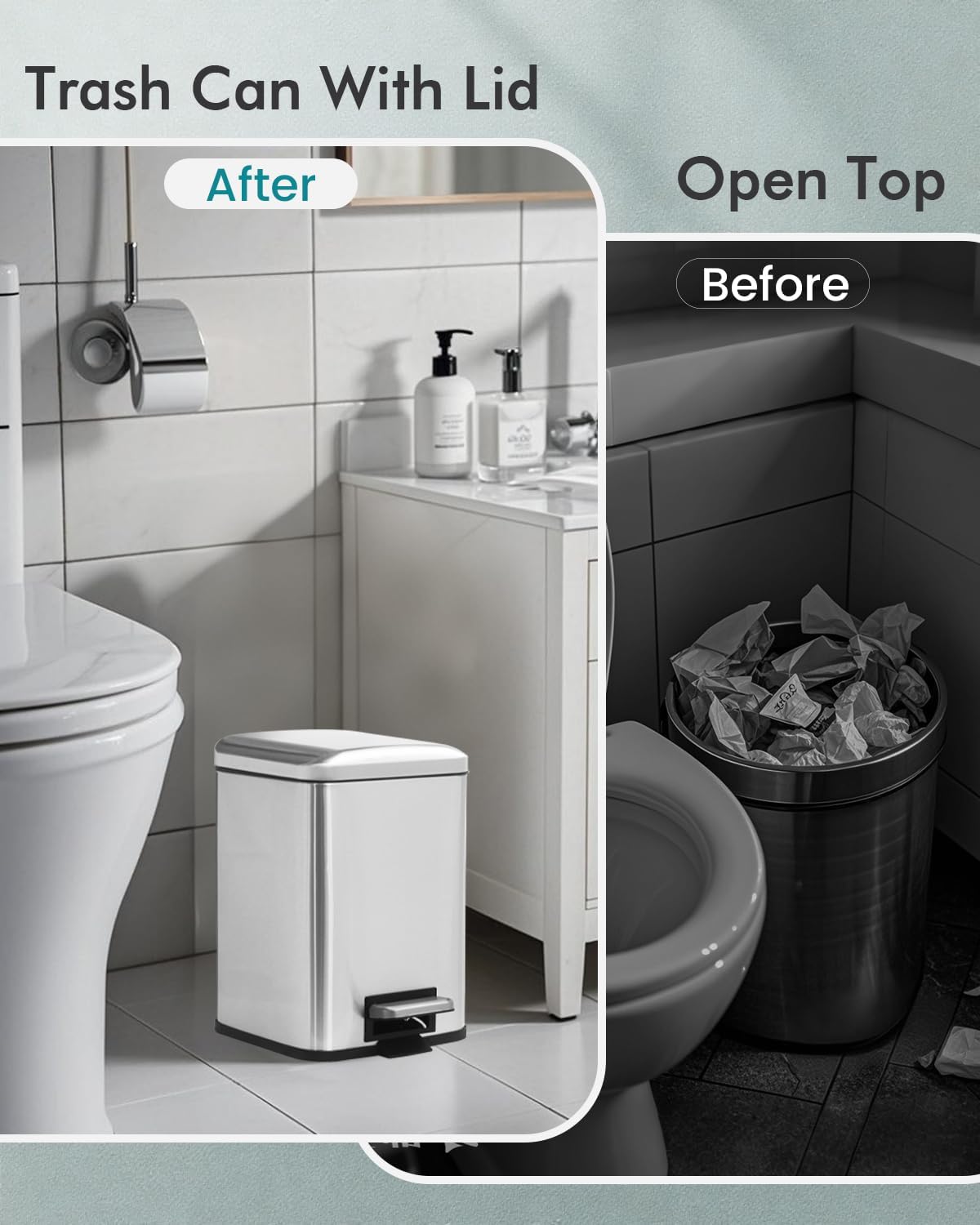 Bathroom Trash Can with Lid, 6 Liter / 1.6 Gallon Small Trash Can with Removable Liner Bucket, Soft Close lid & Step Pedal, Silver Stainless Steel Garbage Can for Bedroom, Office, Dorm