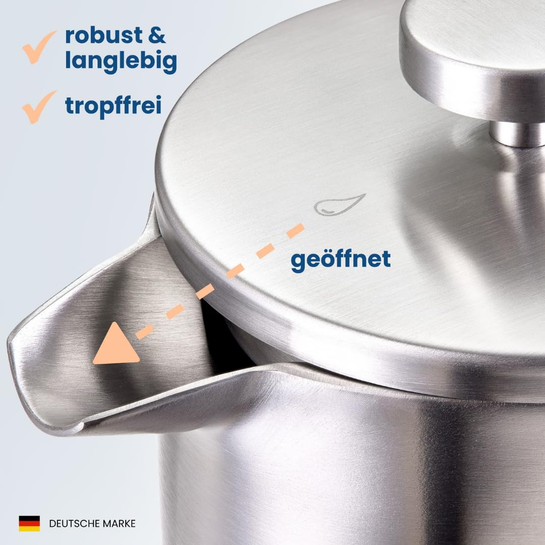 KIMIJO® French Press Koffiezetapparaat, geborsteld roestvrij staal, incl. 3 reservefilters en kurken onderzetters - dubbelwandig met warmhoudfunctie - 0 ,32 liter - 1-2 kopjes