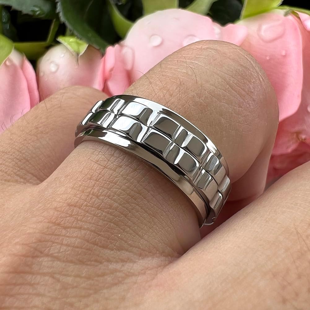 8mm Silver/Black/Gold Tungsten Titanium Spinner Rings for Men Women Anxiety Released Promise Engagement Wedding Bands Stepped Polished Shiny Comfort Fit - Image 5