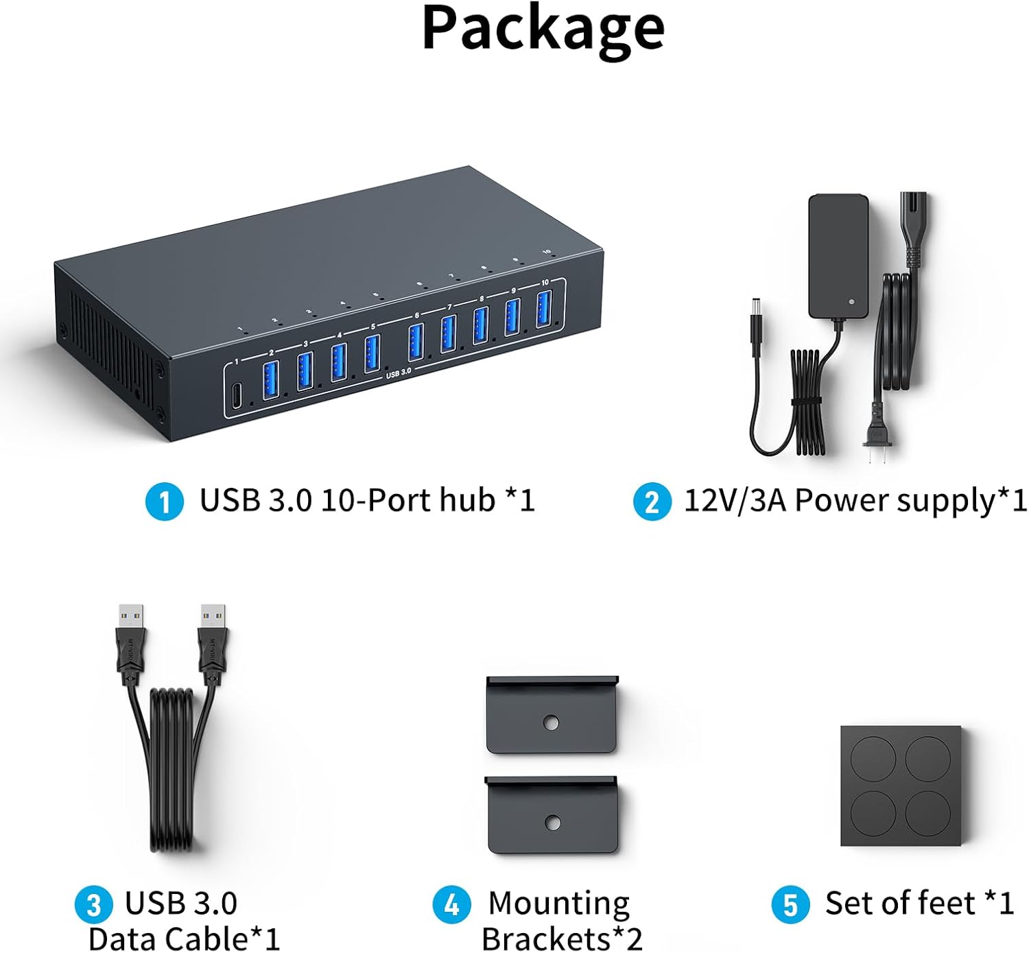 10 Port USB 3.0 Hub, Industrial Powered USB Data Hub with 12V/3A Adapter 105W Output ESD Protection, Rugged Metal Case Mountable USB Expander Splitter