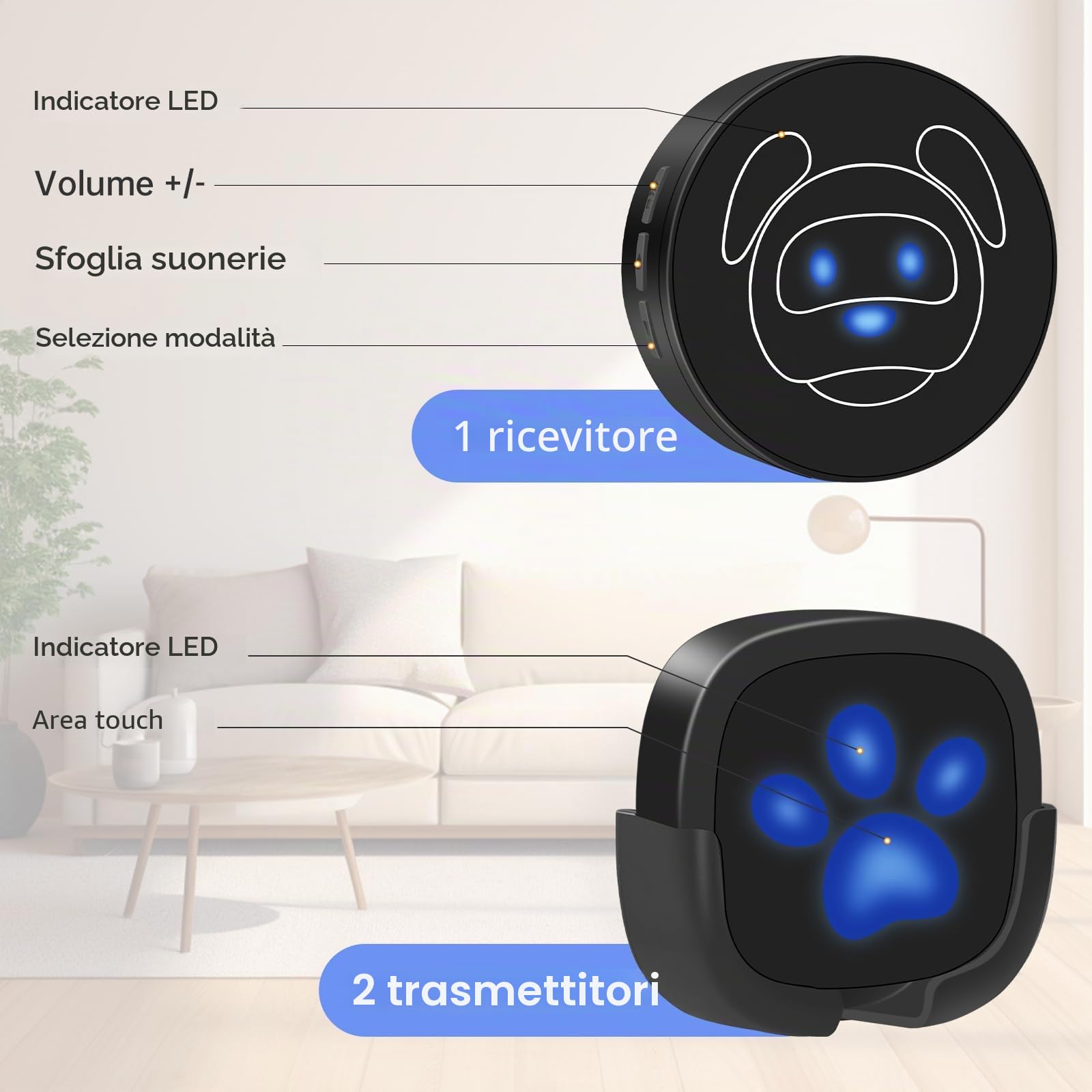 Campanello per Cani Whimsii, Campanello Wireless per Uscire, Pulsanti Impermeabili IP55, 55 Melodie, 4 Livelli di Volume e Portata di 950 Piedi (Nero, 1 Ricevitore, 2 trasmettitori)