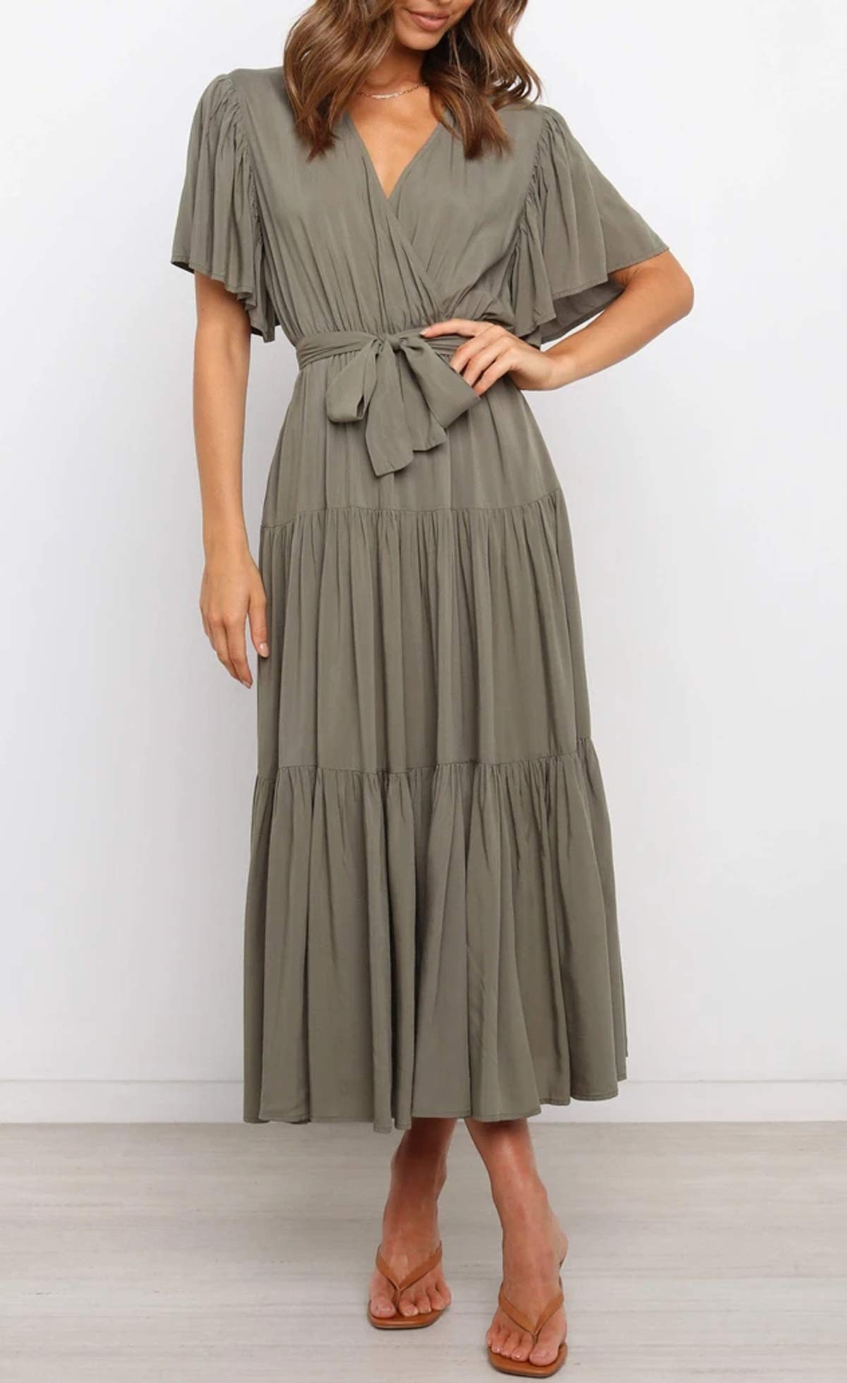 R.Vivimos Summer Dress for Women Cotton Ruffle Short Sleeves V Neck Casual Flowy Midi Dress with Belt