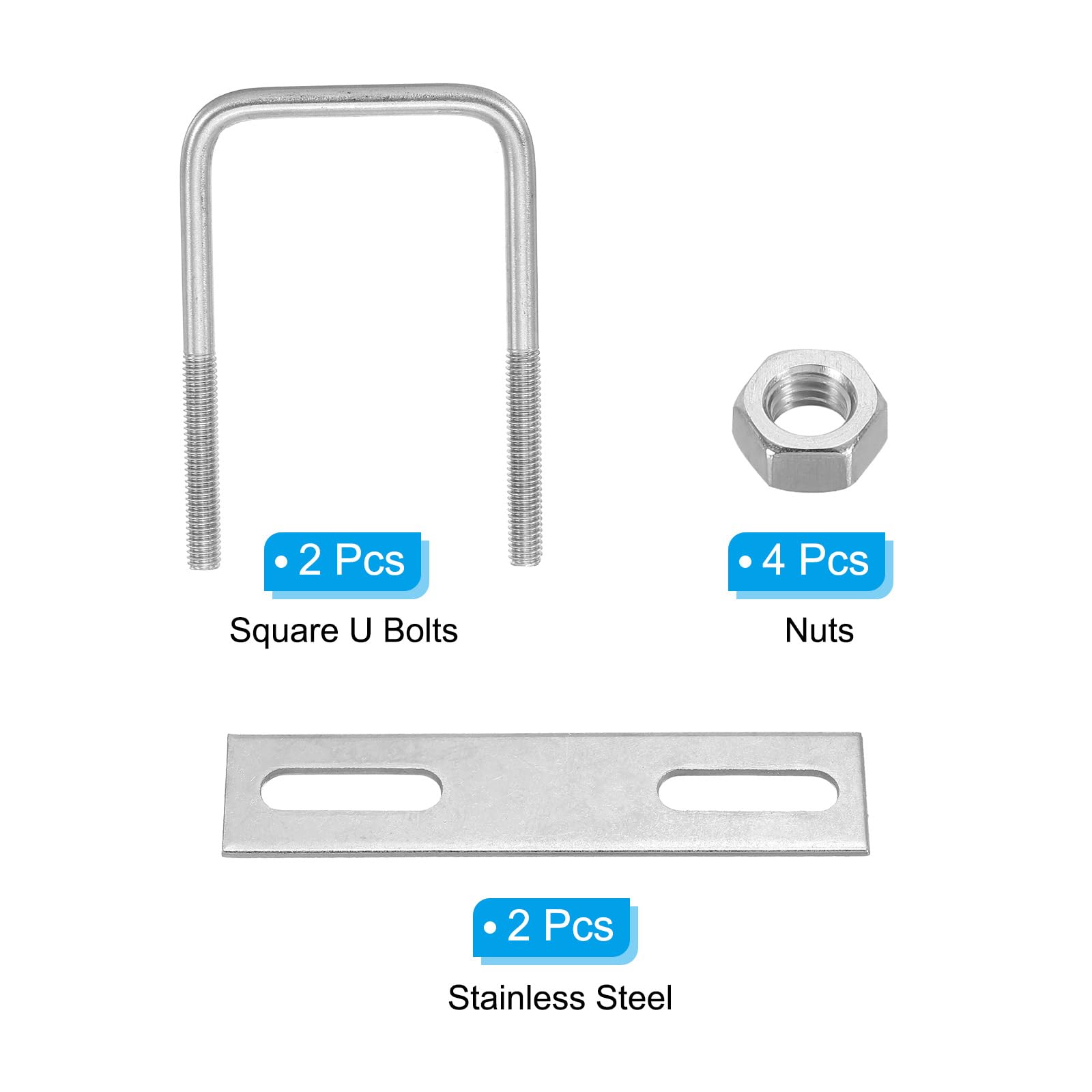 PATIKIL M6x50x80mm Square U-Bolts Kit, 2Set 304 Stainless Steel Square U Shaped Bolts Replacement Parts with Frame Plates and Nuts for Ski Board Sailboat Trailer - Image 3