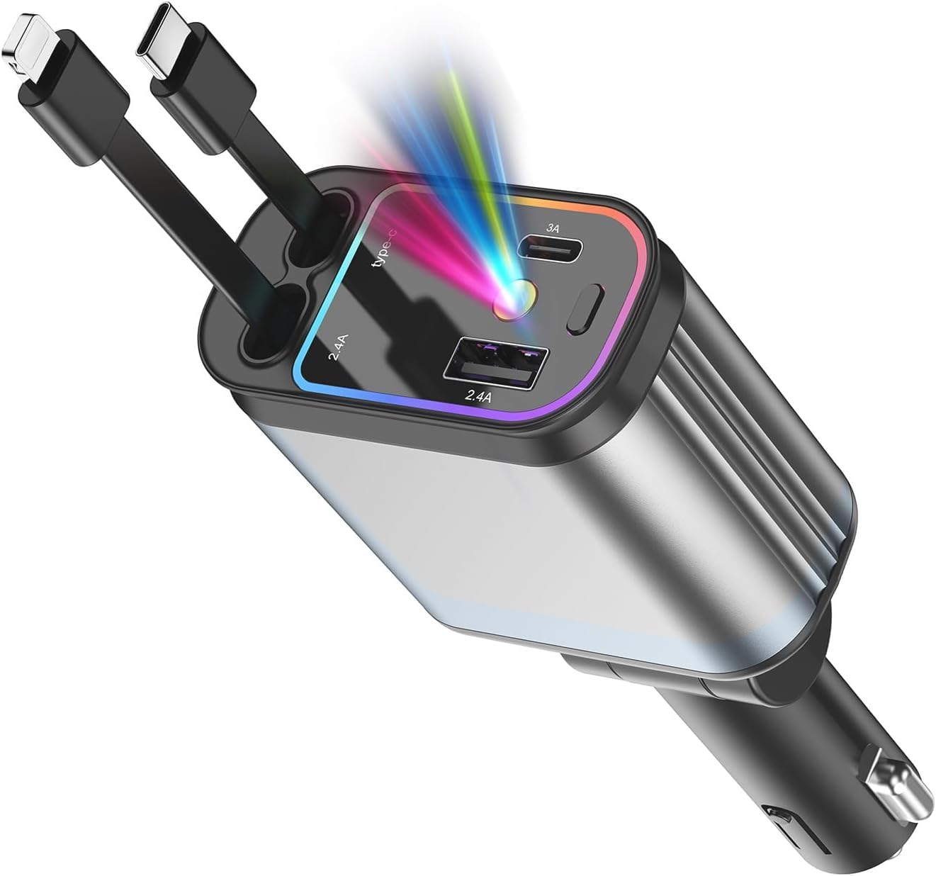 STHIRA® 120W Car Charger 4 in 1 Car Charger with Mini RGB Light Retractable Type C & Light-ning Charging Cable with USB A/C Ports,180° Flexible Joint Design-image-45