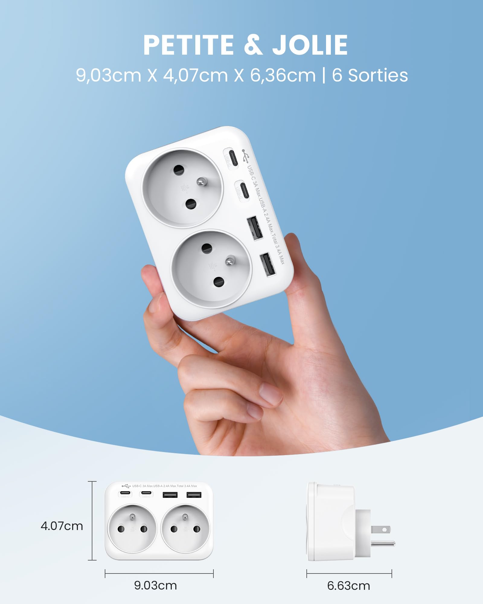 LENCENT Adaptateur de Voyage Type B - 6 en 1 vers USA/Canada/Mexique/Thaïlande - Prise Française avec 2 Prises AC et 2 Ports USB-A，2 Ports USB-C -pour appareils français aux États-Unis