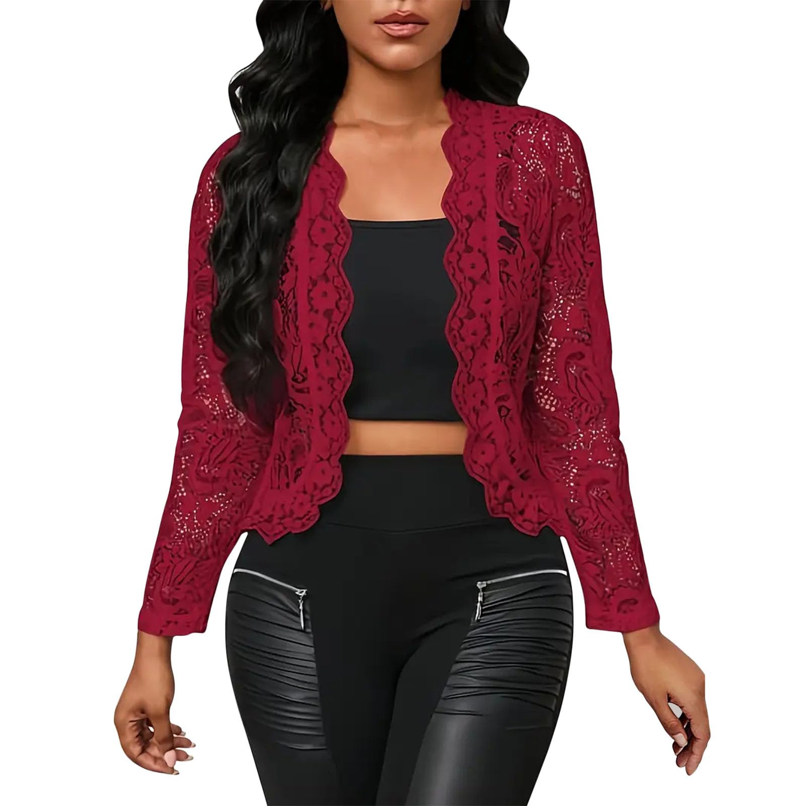 NZYIHAO Women's Lace Bolero Jacket Open Front Cardigan Long Sleeves Cardigan Elegant Bolero Shrug Plain Top Festive Lace Jackets Short Wedding, Wine Red, L