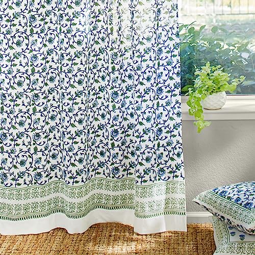 Saffron Marigold Sari Sheer Curtain Panel, Blue & White Floral
