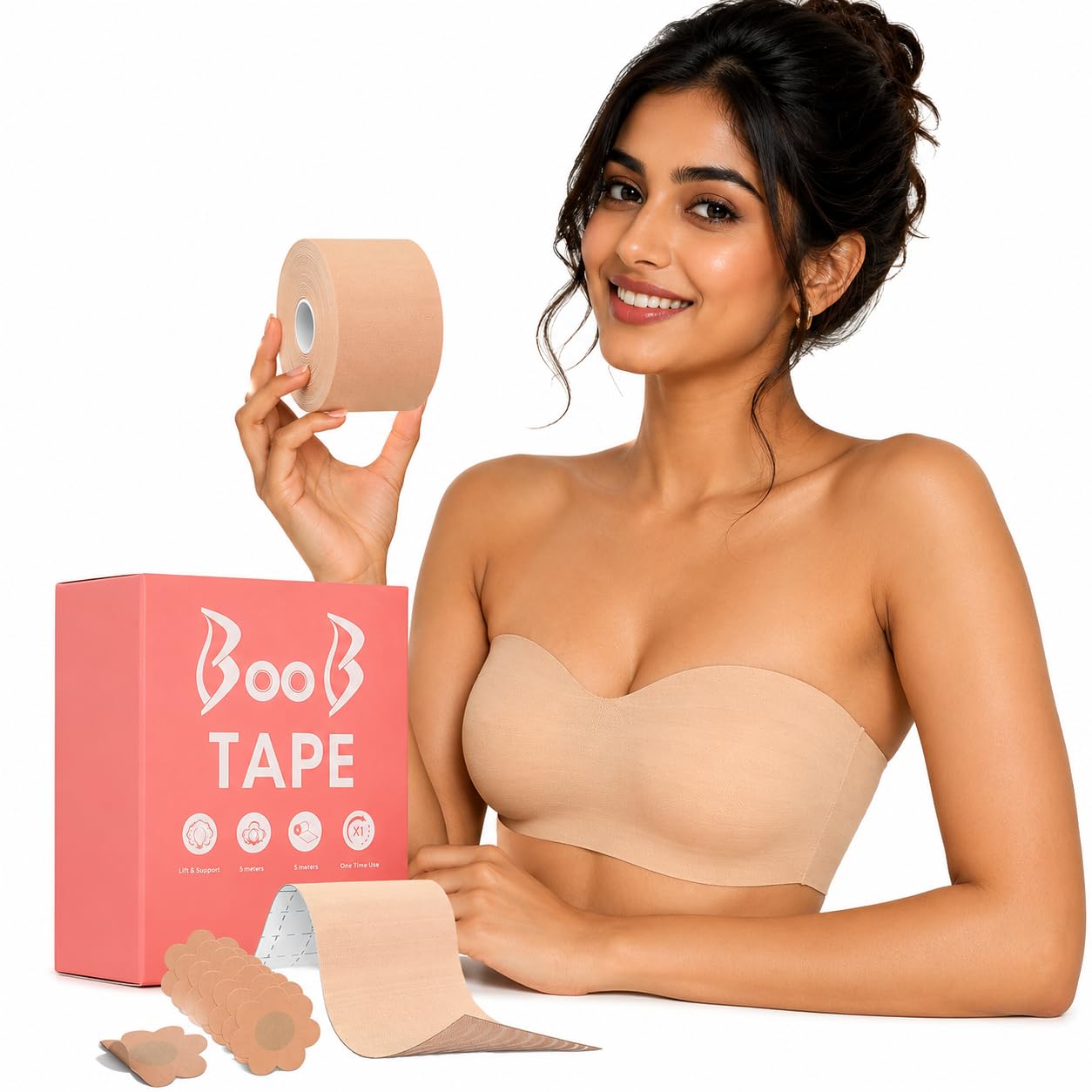 hentic Boob Tape Kit - Instant Boob Tape with 10 Nipple Pasties for Fashion with 36 Strips Double Sided Tape for Clothes &1 Pair Reusable Nipple Cover for Women (Beige)-picture-49
