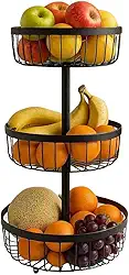 Fruteira de Metal Aramado com 3 Andares Cestos Redondos uso na Mesa, Bancada ou Chão, para Frutas, Legumes ou Utensílios, Organizador de Cozinha, 49 cm de altura.