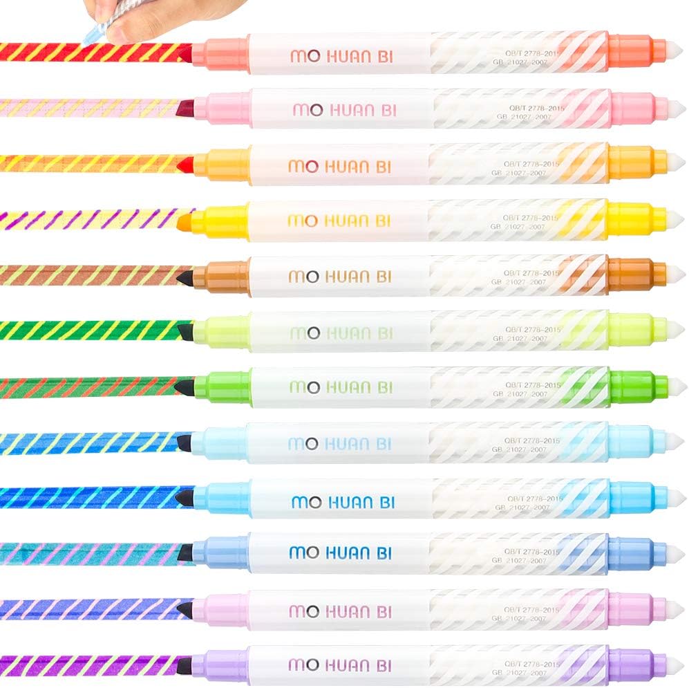 Magic Highlighters, Color Changing Highlight Pens Tomorotec Dual Tip Chisel Tip Assorted Highlighter Pen Marker Assorted Fluorescent [12 Pack]