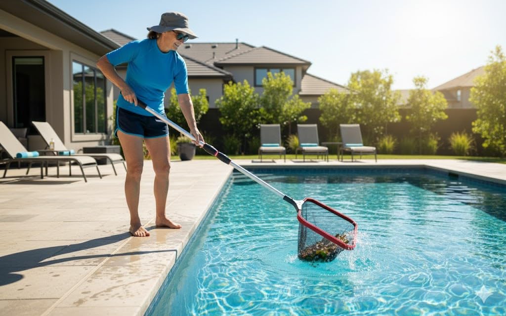 Kit de Limpieza para Piscina KOKIDO PK55 (5 Piezas) con recogehojas Plano y Bolsa, Cepillo Flexible Pared, limpiafondos Manual VD30 y termómetro Jumbo – Mantenimiento Completo
