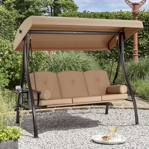 Image of HOMREST 3 Person Outdoor Porch Swing with 1.5 inch Upgraded Cup Holder, Adjustable Canopy, Backrest, Patio Swing Bed with Weather Resistant Steel Frame, Cushions for Garden,Deck and Poolside(Brown)