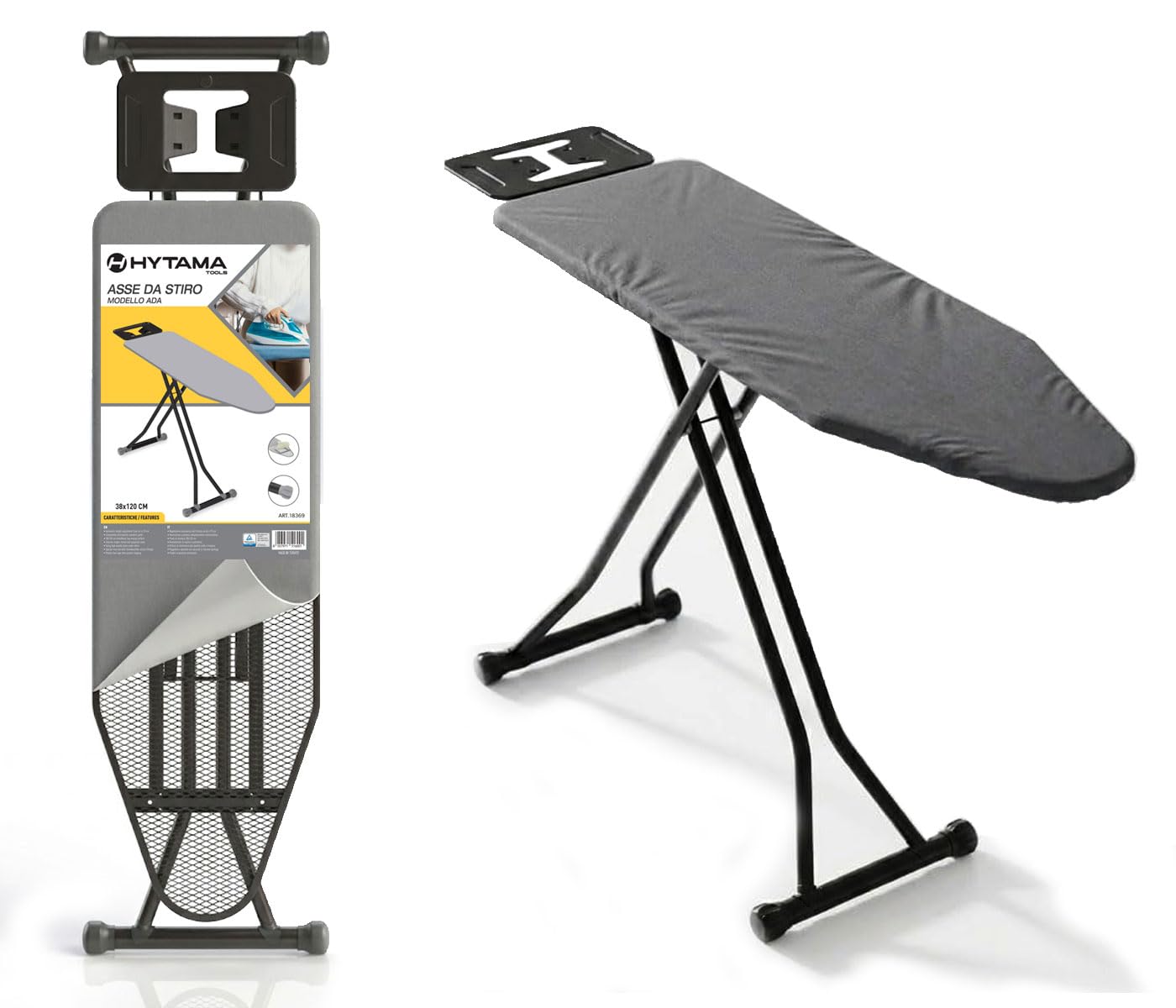 HYTAMA Tools Bügelbrett aus schwarzem Stahl, ADA-konform, 38 x 120 cm, mit Bügeleisenablage und rutschfesten Füßen, 2-Fach höhenverstellbar, hochwertige Schaumstoffunterlage