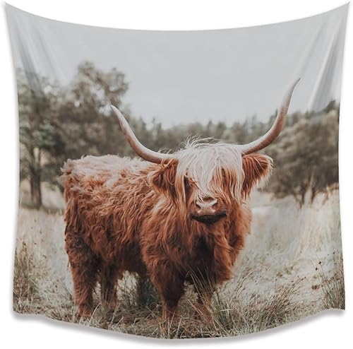 SKINGE Tapiz amarillo de toro de las tierras altas de las tierras altas, decoración occidental, tapiz retro rústico de arte de pared para granja,