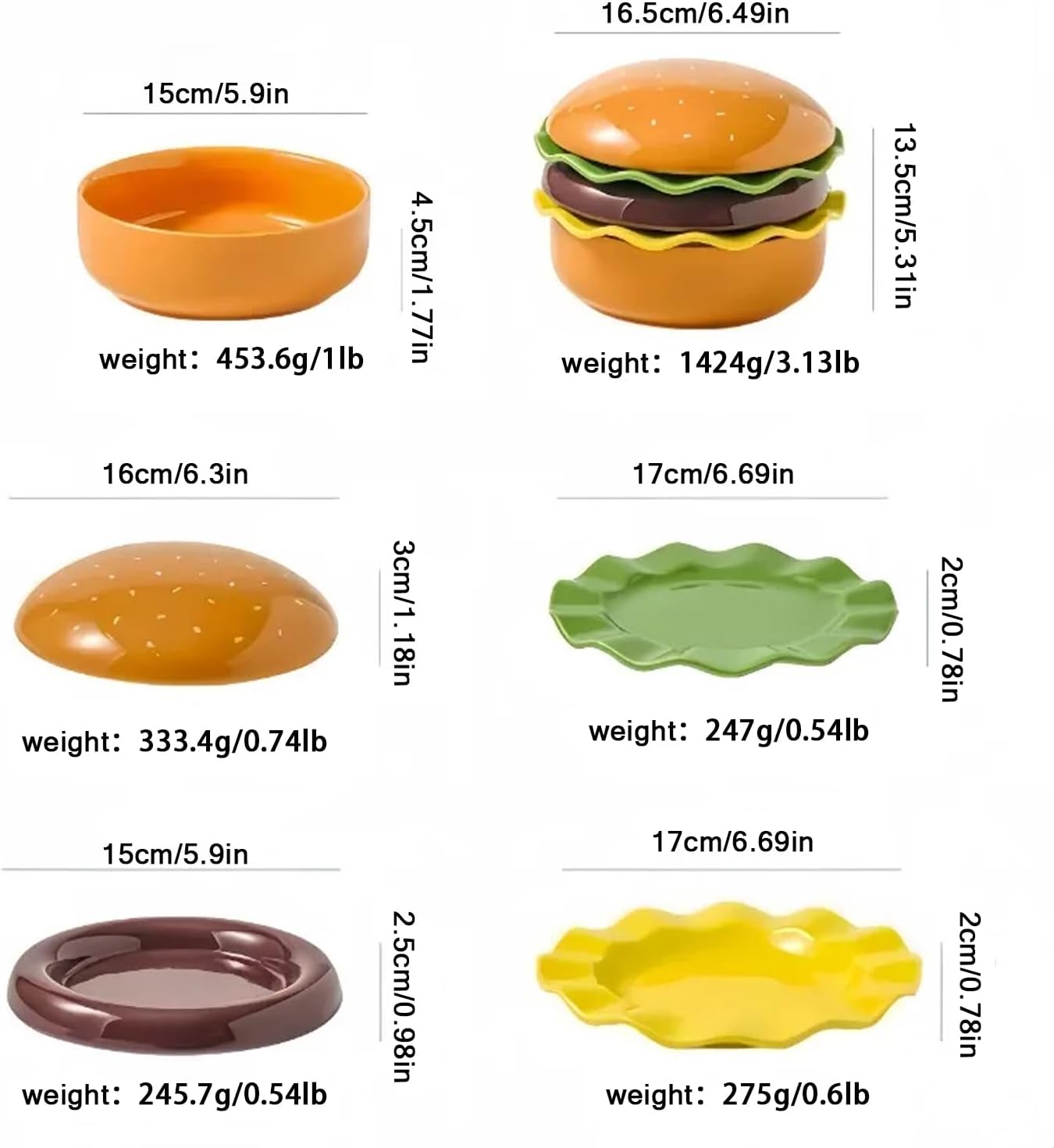 Hamburger Plate Set - 5 Piece Ceramic Stackable Burger Plates & Bowls Set, Unique Novelty Dinnerware for Salad, Snacks & Pasta, Microwave & Dishwasher Safe (Hamburger, 5 Piece)