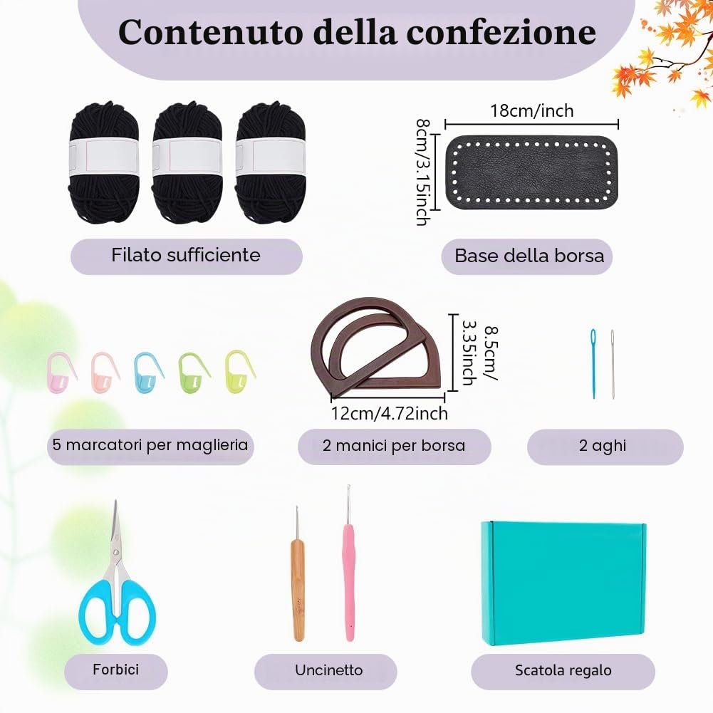 FREEBLOSS Kit all'uncinetto per principianti Borsa tote nera all'uncinetto con manici in legno Borsa nera all'uncinetto Kit di avviamento all'uncinetto con tutorial video passo passo Kit per lavoro a