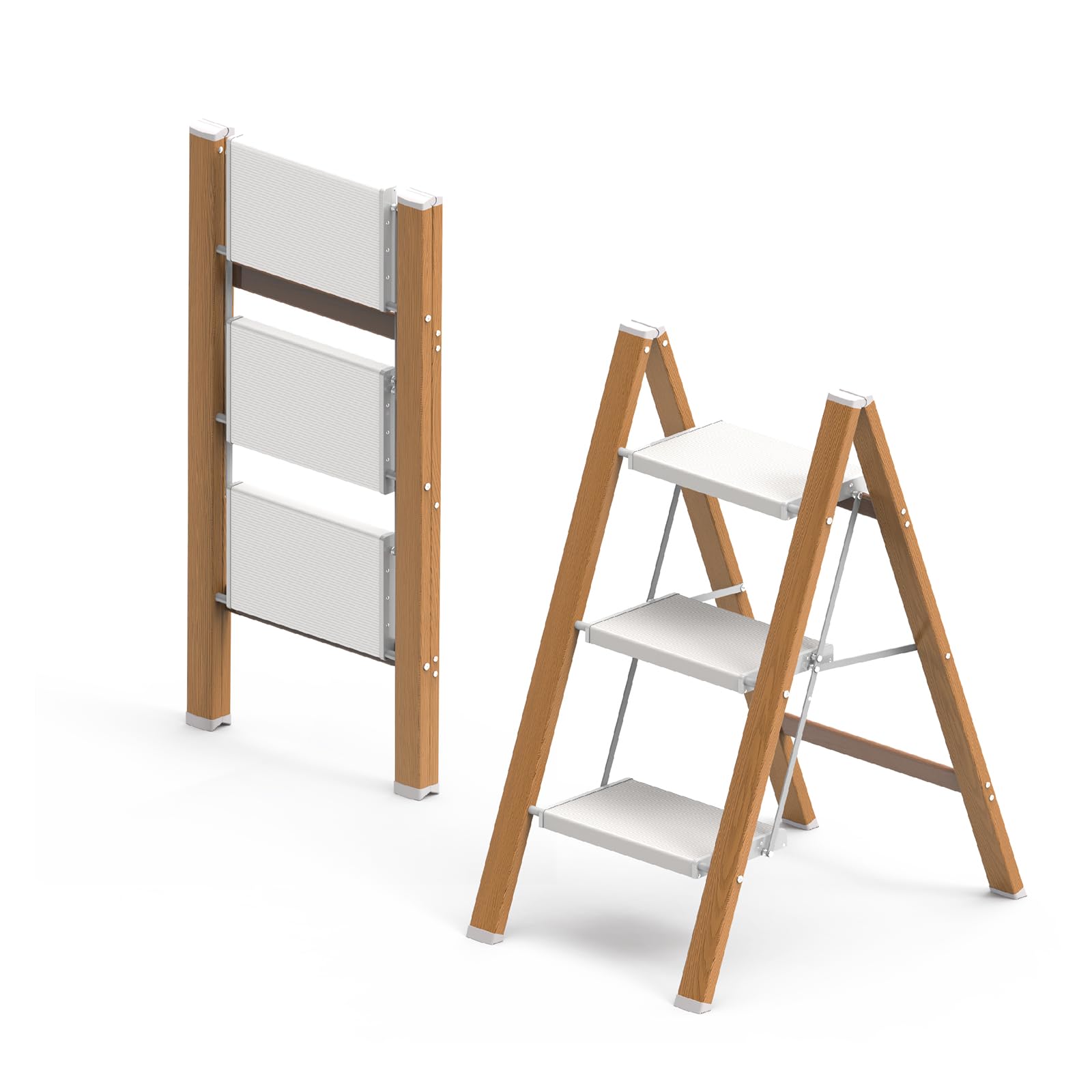 3 Step Ladder, Folding Aluminum Step Stool with Anti-Slip Wide Steps for Adults, Ideal for Kitchen, Closet, Bedroom, 330 lbs Capacity (Woodgrain) (