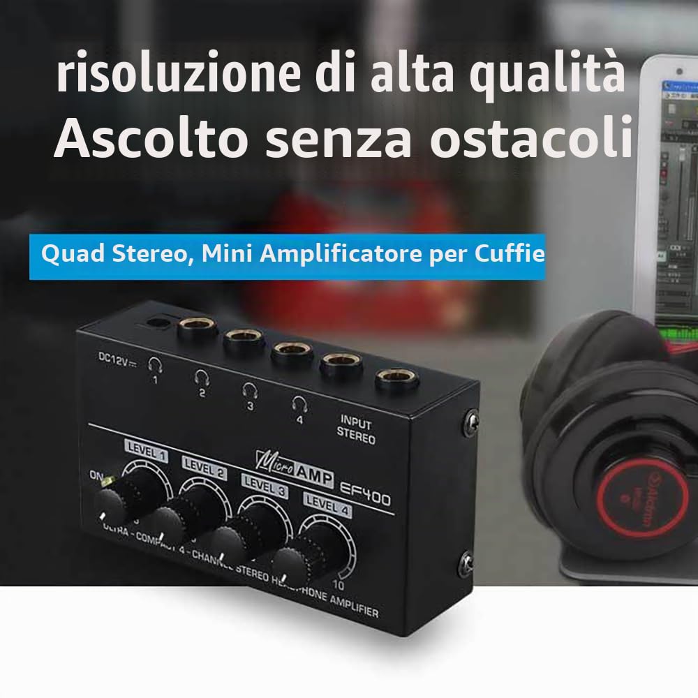 Amplificatore Cuffie,Amplificatore Per Cuffie,Mini Amplificatore Per Cuffie,Splitter Per Cuffie,Monitor a 4 Canali,Con Alimentazione a 12 v,Alta Risoluzione Sonora,Per Concerti,Lezioni, Chitarra,Ecc.