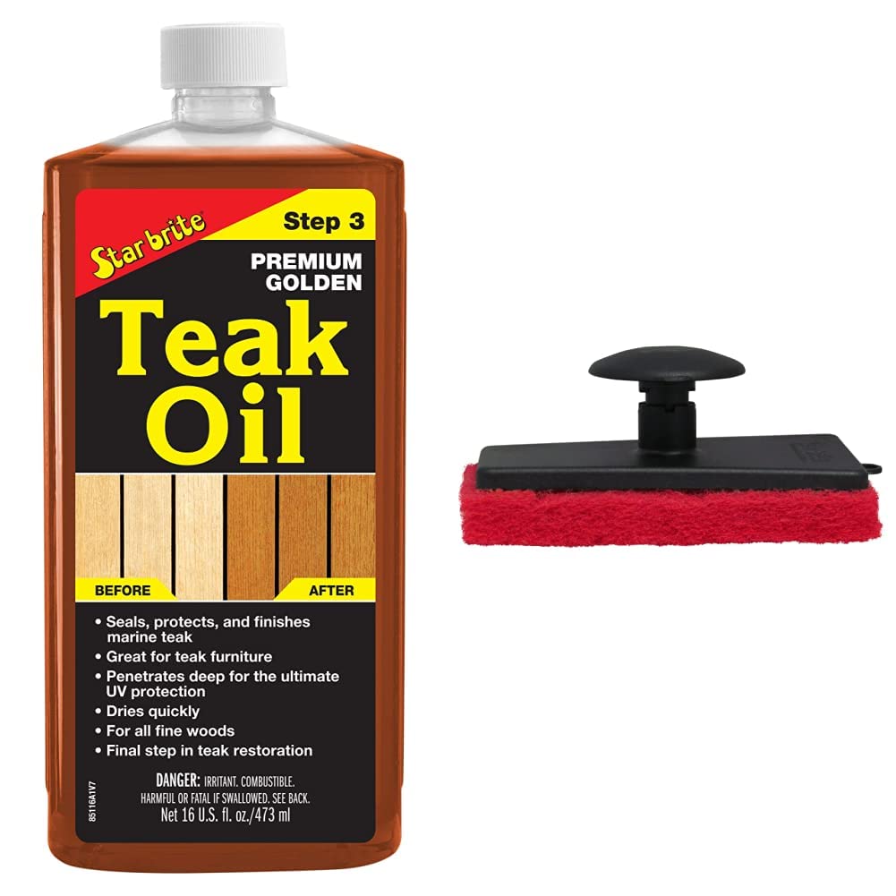 STAR BRITE Premium Golden Teak Oil - Sealer, Preserver &amp; Finish for Outdoor Teak &amp; Other Fine Woods - Step 3-16 OZ (085116PW) &amp; Scrubber/Medium (Red) (040021P)