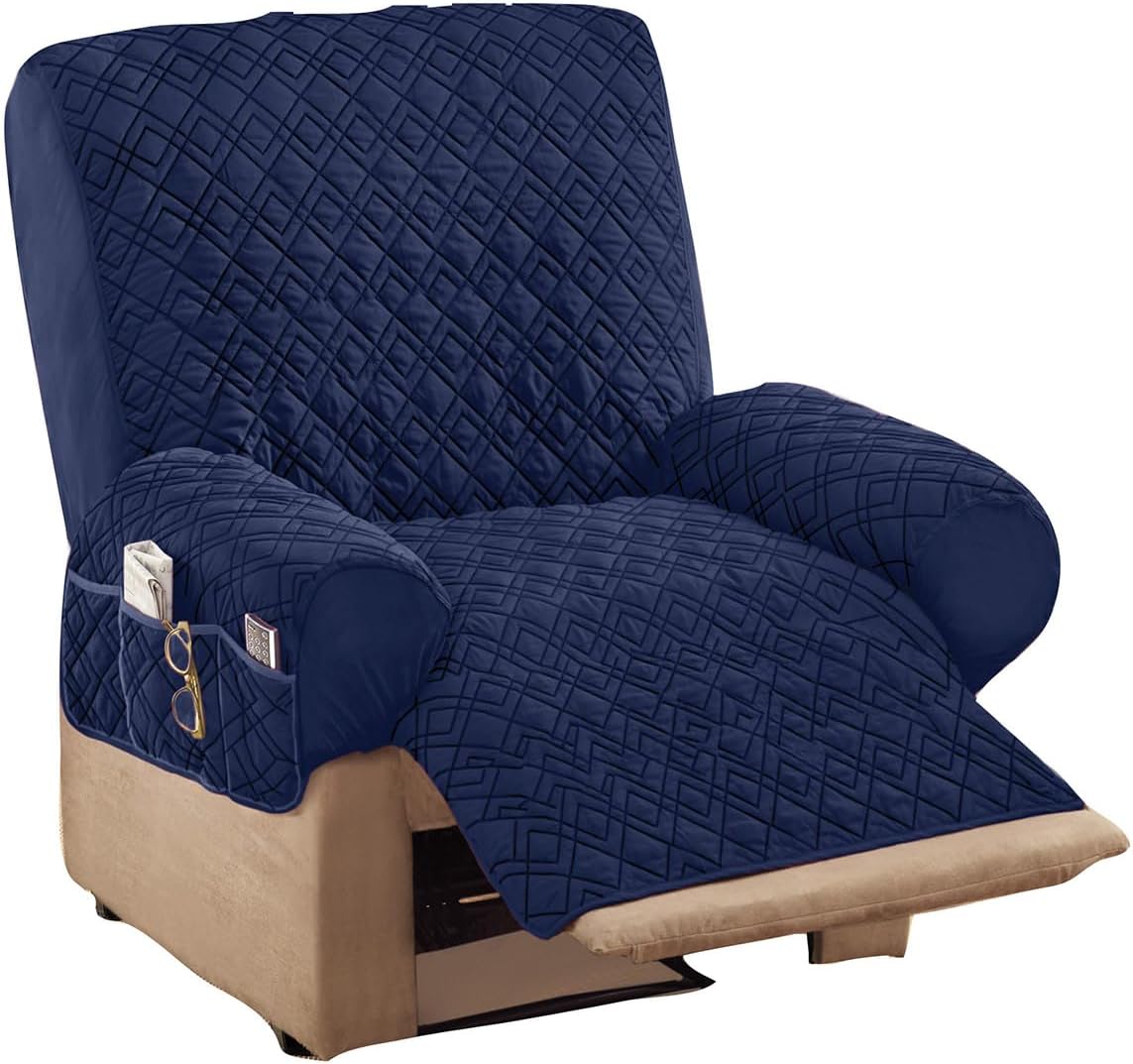 Collections Etc Diamond-Shape Quilted Stretch Recliner Cover with Storage Pockets and Elastic Straps - Furniture Protector