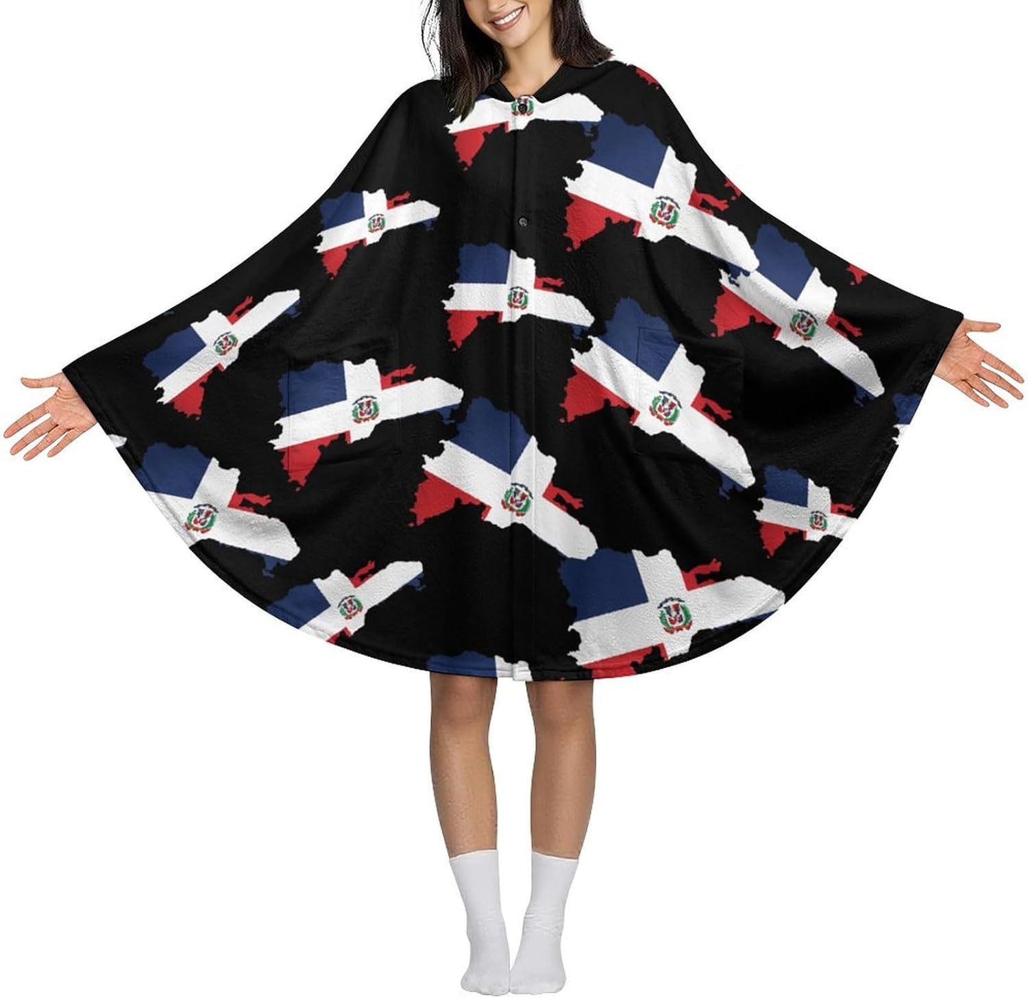 Dominican Republic Map Flag Wearable Blanket with Hooded Flannel Blankets Cape with Pocket