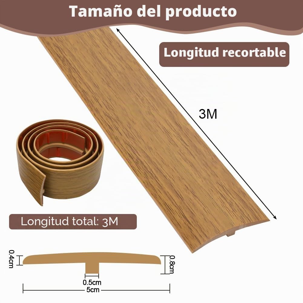 Perfil de transición en T, umbrales de puerta de PVC, molduras, perfil de transición de 3 m x 5 cm, autoadhesivo, tira de cobertura para nivelar suelos para suelos de parqué, umbrales de laminado