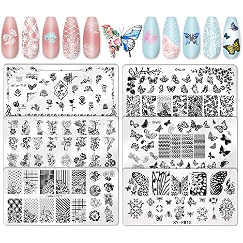 Whaline 6Pcs Flower Butterfly Nail Art Plates Cover