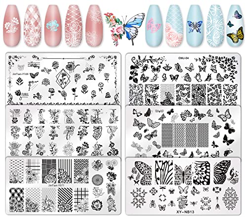 Whaline 6Pcs Flower Butterfly Nail Art Plates Rectangular Floral Stamping Plates Butterfly Image Stamp Templates Stamping Kit for Women Spring Summer DIY Print Manicure Salon Design Gift