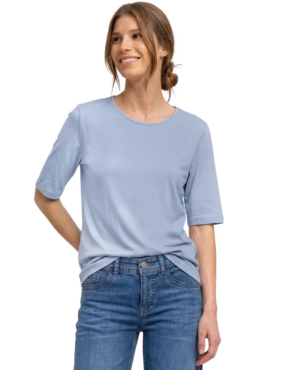 Street One Basic T-Shirt with Crew Neck in Plain Colour Whispery Blue 42