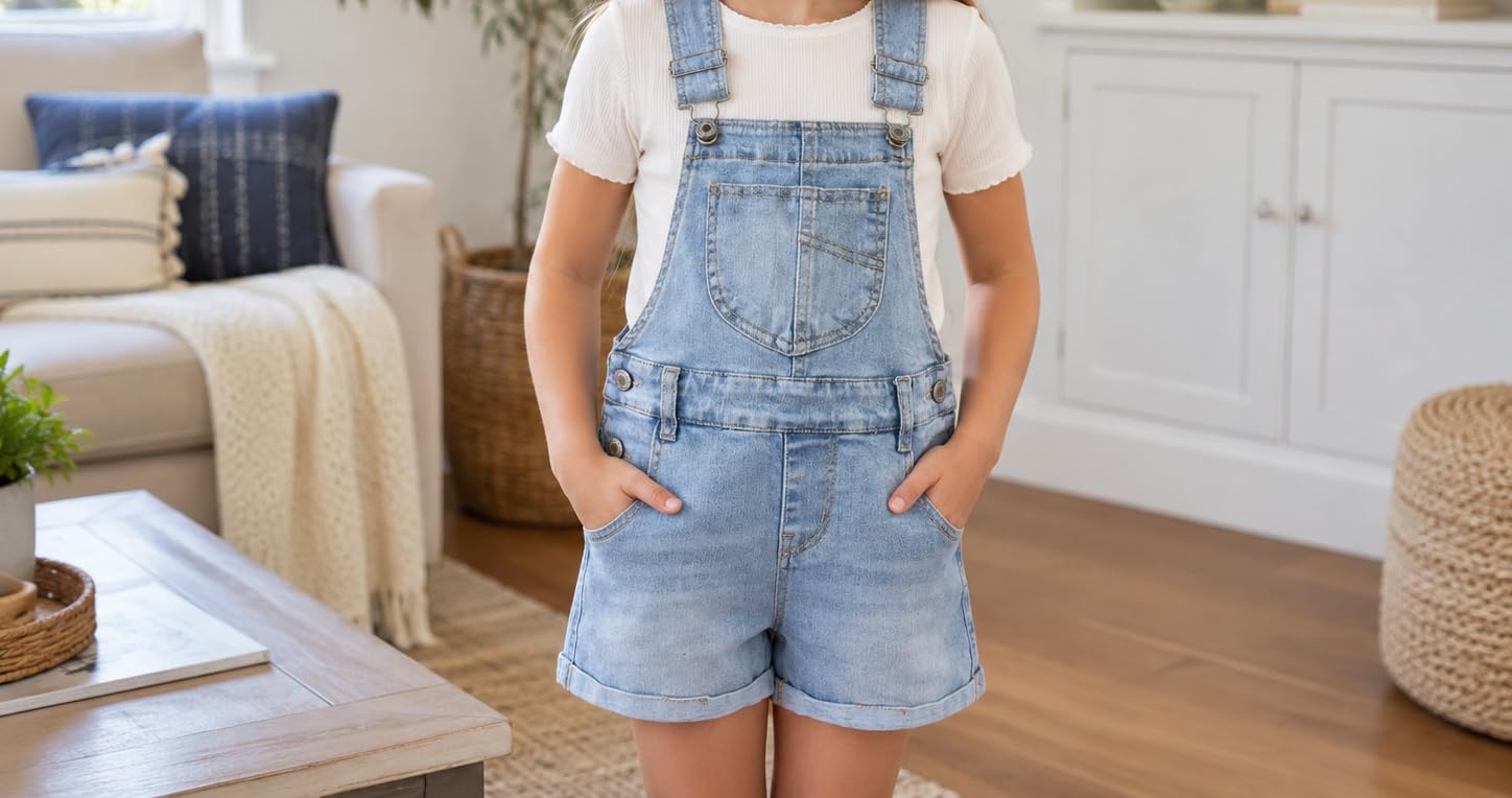 KIDSCOOL SPACE Pantaloncini in denim da bambina, pantaloncini estivi morbidi in jeans lavati con pietra