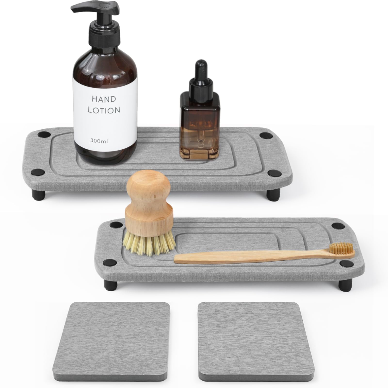 Sink Caddy Instant Dry Sink Organizer Bathroom, Diatomaceous Earth Fast Drying Stone Sink Tray 2 Pack & 2 Pcs Diatomite Coasters, Created for Kitchen Bathroom Countertop, Linen Gray