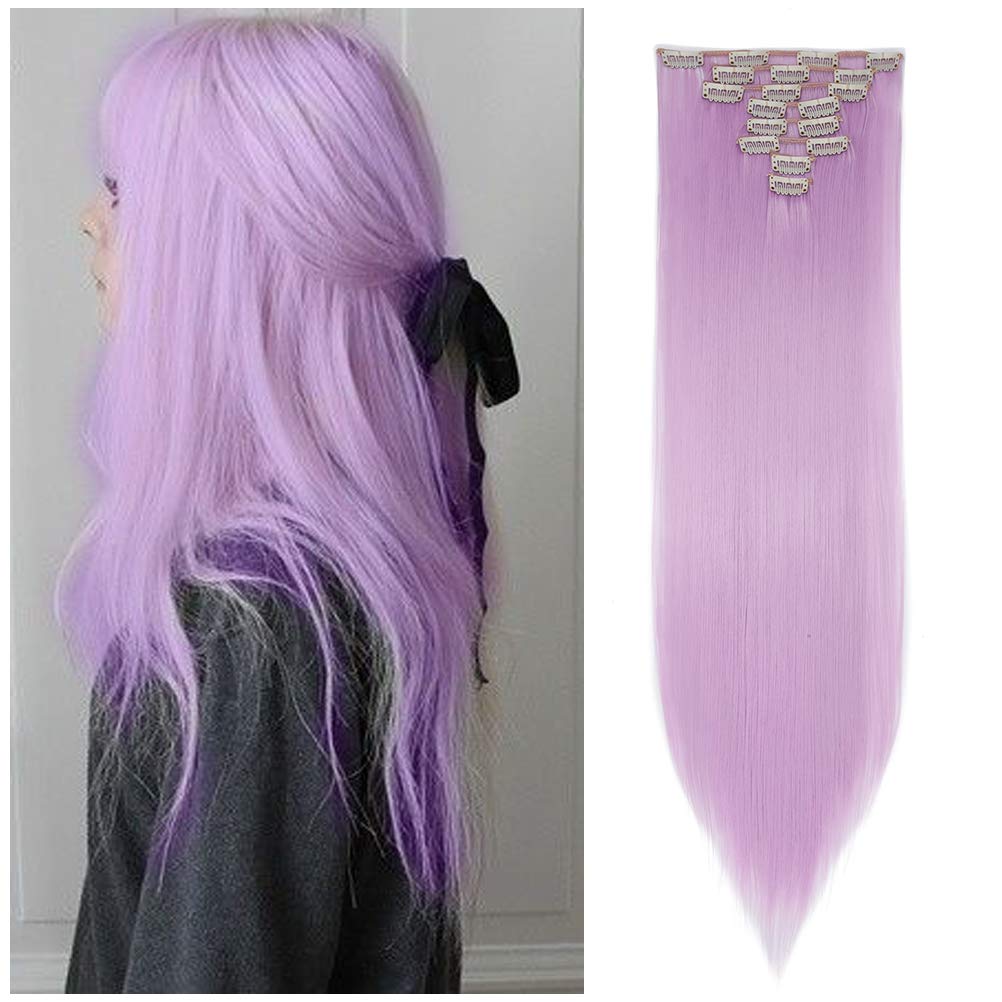 Benehair8PCS Clip in Hair Extensions Straight Wavy Curly Full Head Women Colorful Highlight Ombre Hairpiece --26" Straight,Light Purple