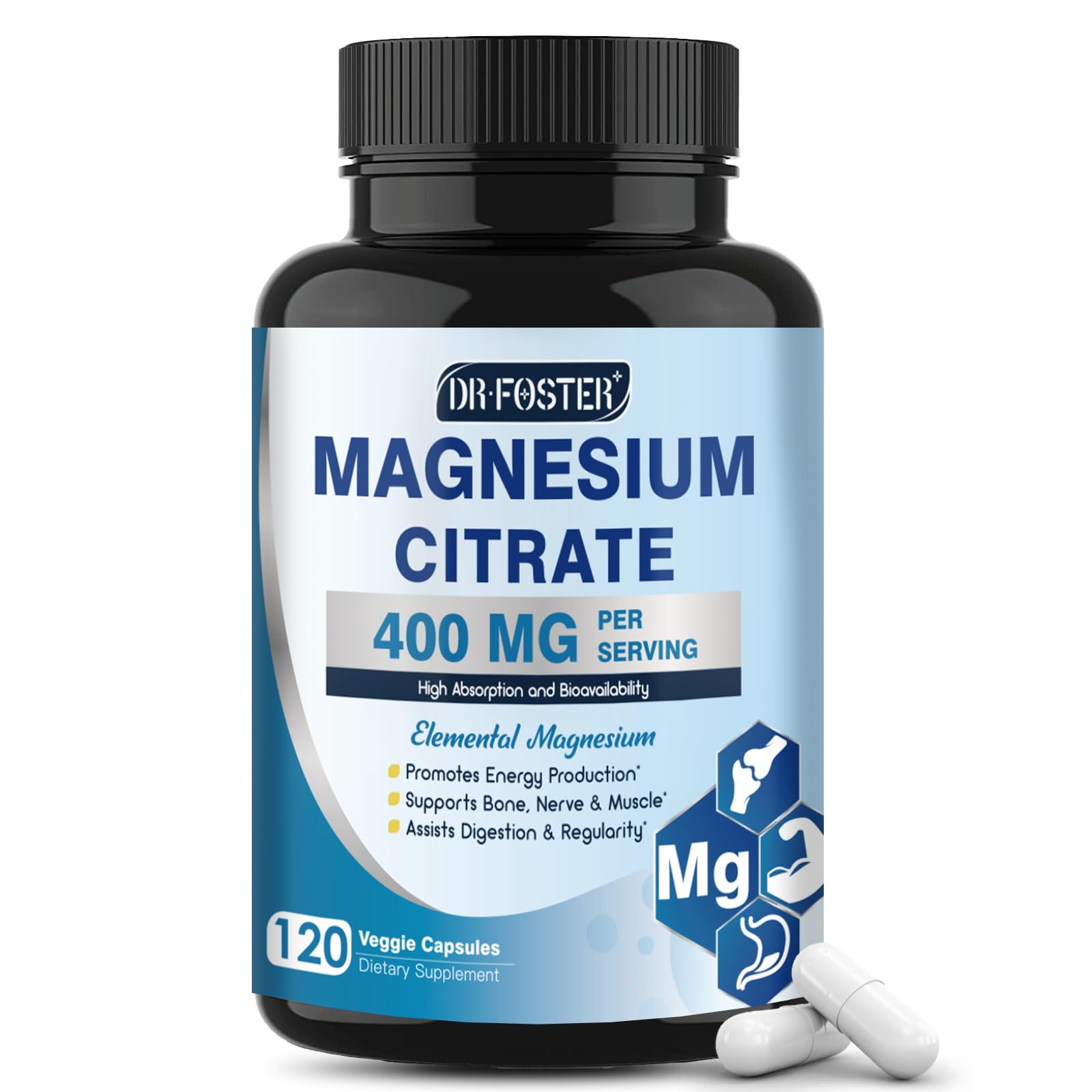 DRFOSTER Magnesium Citrate Capsules - High Absorption Pure Magnesium Supplement 400 mg for Constipation, Sleep, Muscle & Heart Support - Non-GMO 120 Vegan Capsules, 2 Month Supply