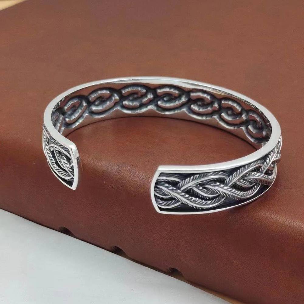 Armreif S925 Sterling Silber Männer und Frauen Paare Personalisierte Retro Flow Feder Offenes Armband Mode Menschen mit gewundenem Muster