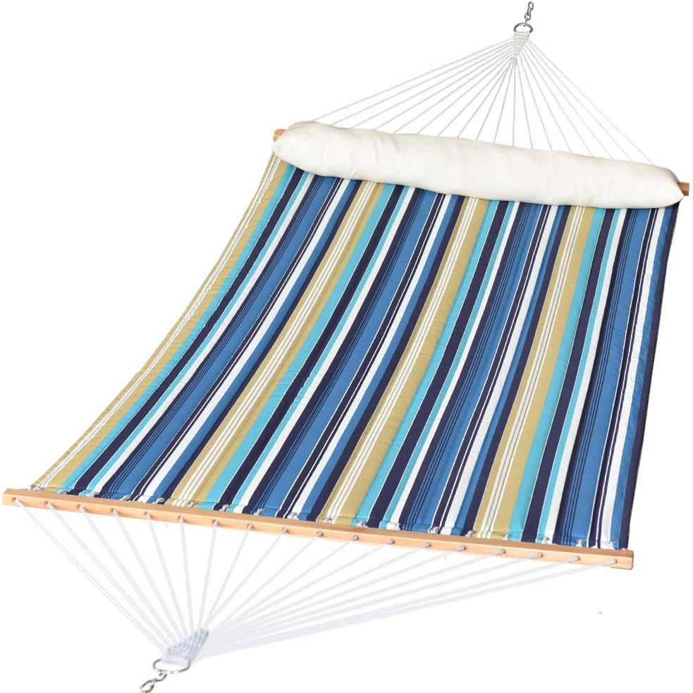 TOUCAN OUTDOOR Quilted Fabric Double Hammock with Pillow, Heavy Duty Hardwood Spreader Bar, Hammocks for Outside, 450-pound Capacity, Hamacas Para Adultos for Patio/Garden/Yard/Pool/Beach, Blue Stripe