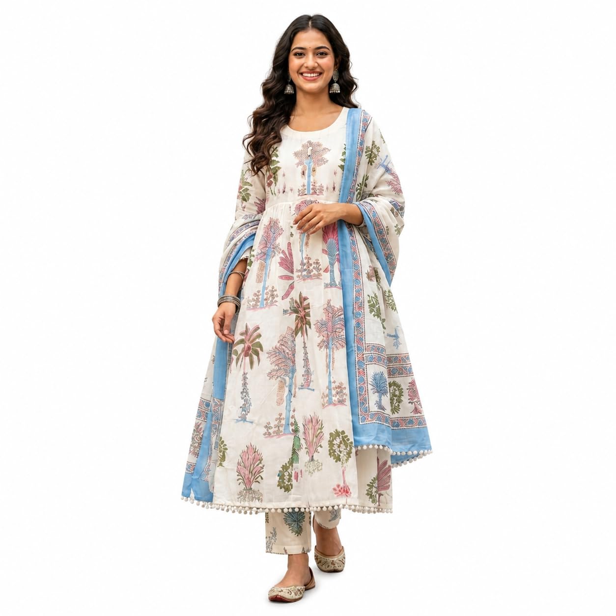 Women's White Floral Print Anarkali Kurta with Pant and Dupatta-picture-39