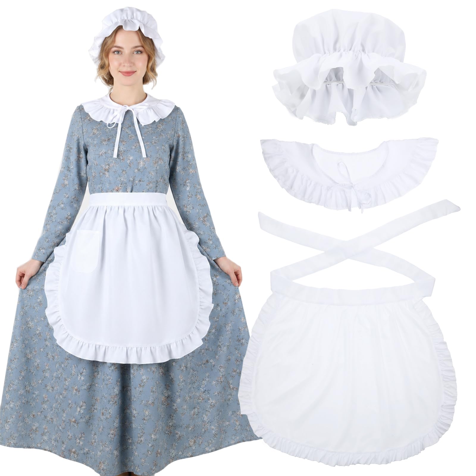 Tucnoeu 3 Pcs Halloween Colonial Costume Women Set: White Mob Cap Bonnet Shawl Waist Apron Pilgrim Costume Girls Cosplay(Vintage)