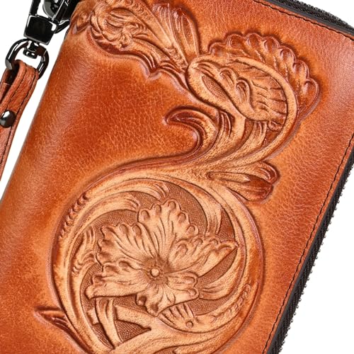 Genuine Leather Women's Wallet Flower Pattern Wristlet Long Wallet Card Holder (Brown)4