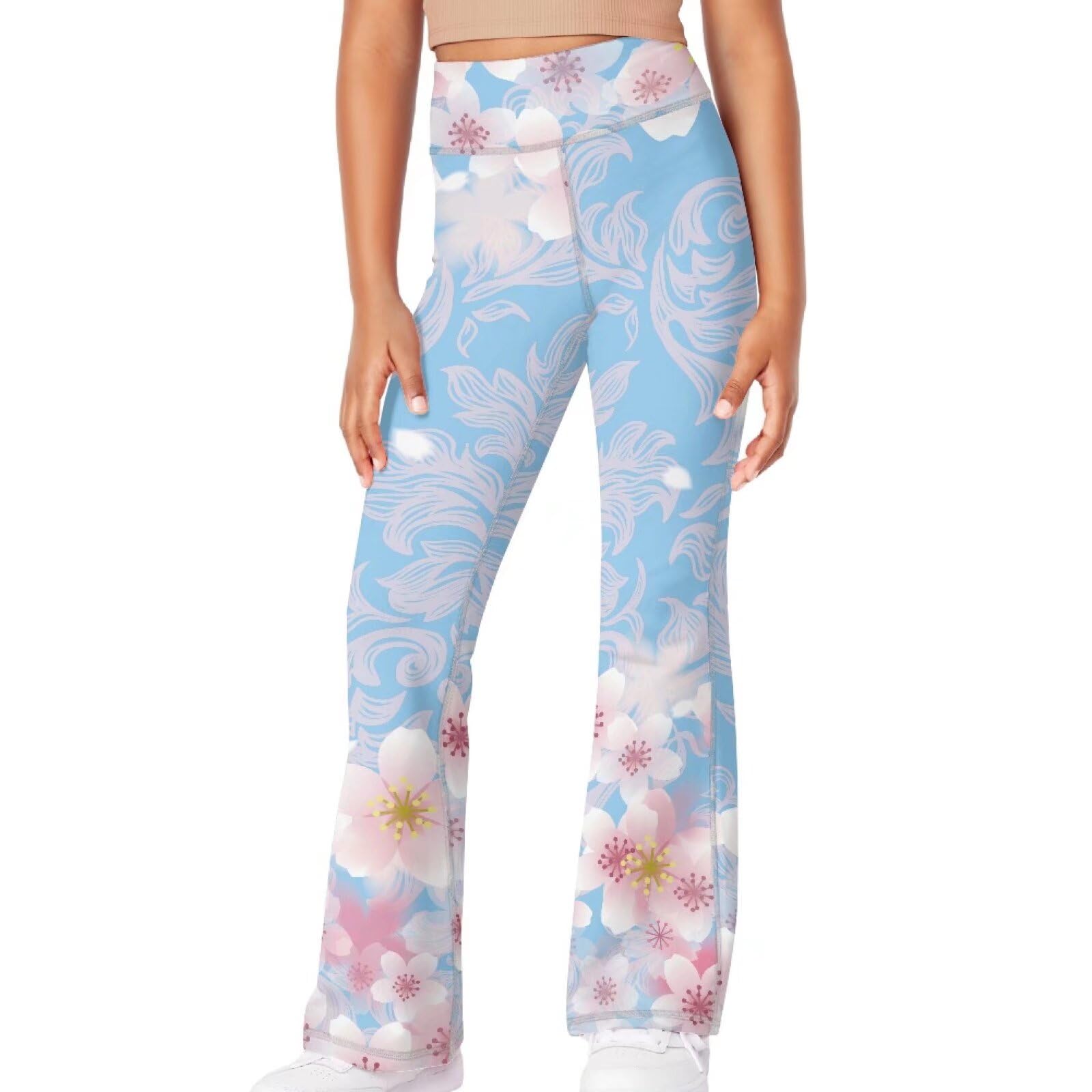 NRBEAWD Children's Bootcut Yoga Pants High Waist Workout Bootleg Yoga Pants Tummy Control Cherry Blossom Pants