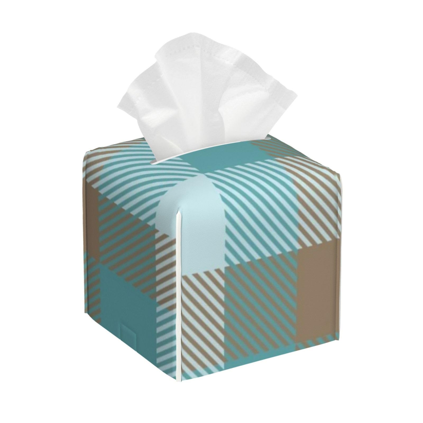 Cyan Brown Checkered Tartan Pattern Tissue Box Cover 5" Square Leather Tissue Holder Facial Tissue Case for Tabletop Bedroom Bathroom Desk Decor