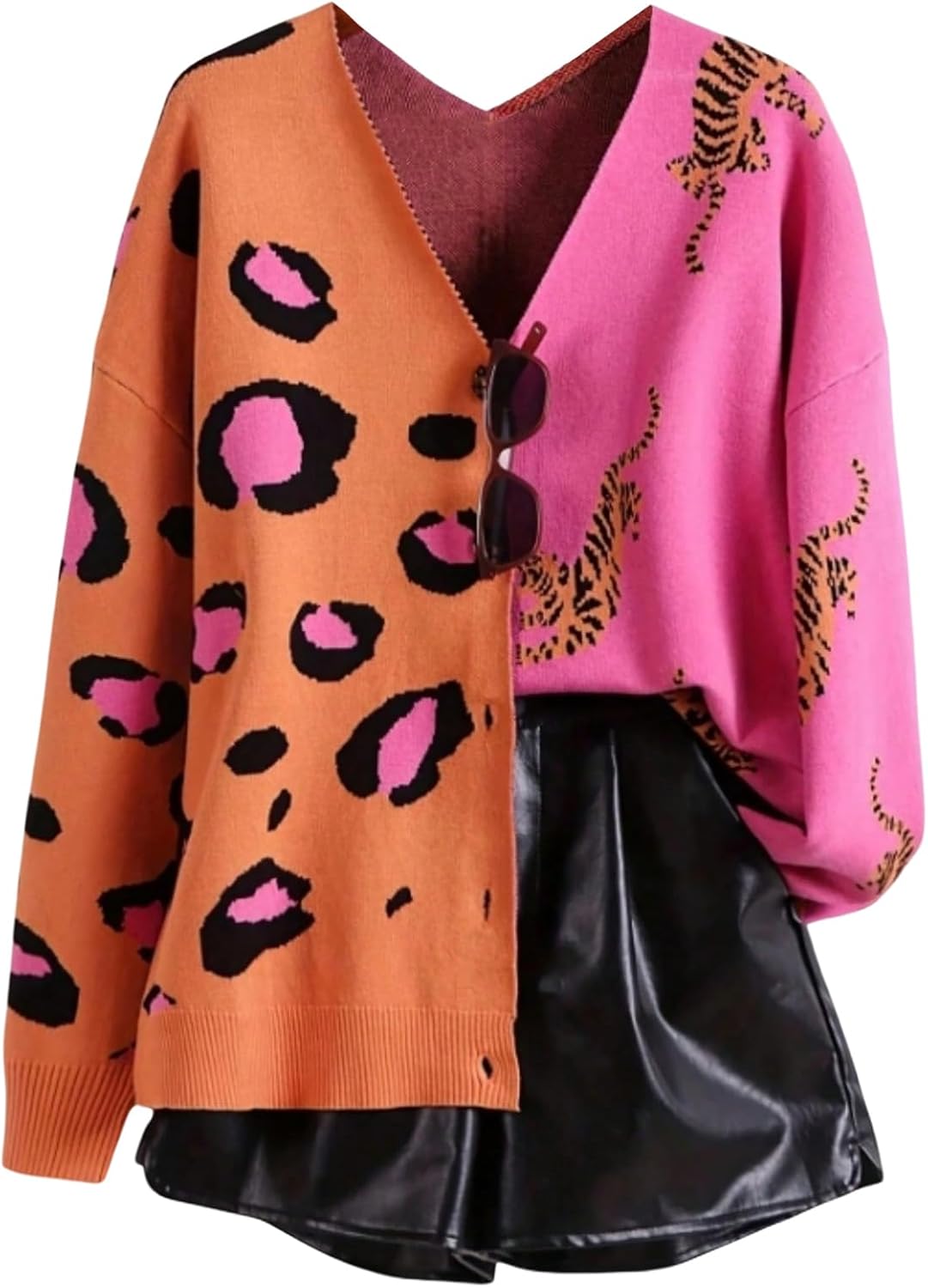 WDIRARA Women's Plus Size Leopard Animal Print Cardigan Sweaters V Neck Button Up Knit Outerwear