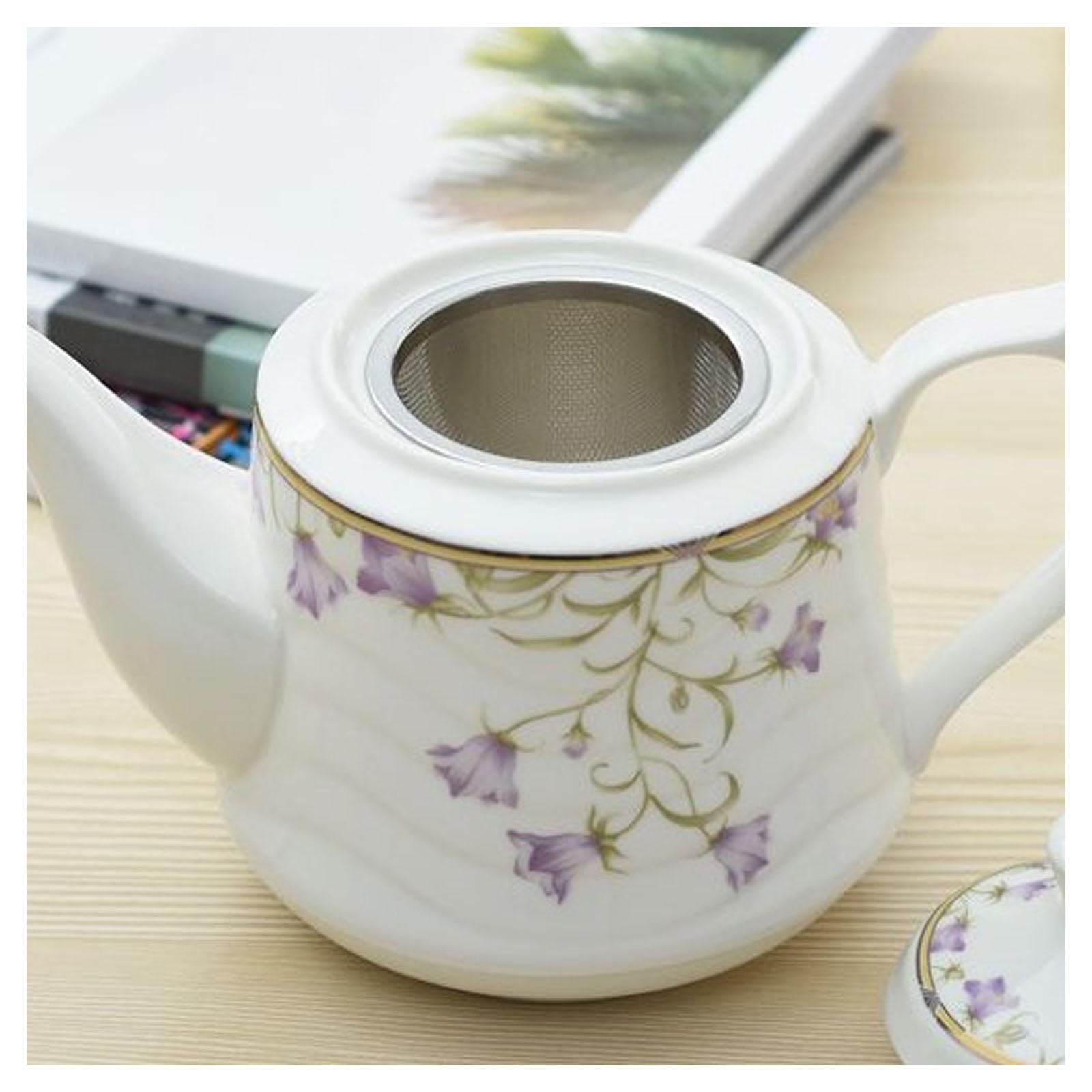 Porcelanowy czajniczek w stylu vintage, odporny na wysokie temperatury, zestaw do herbaty, popołudniowa herbata, dzbanek do kawy, do biura, domu, ze złotym brzegiem, pojemność 1000 ml