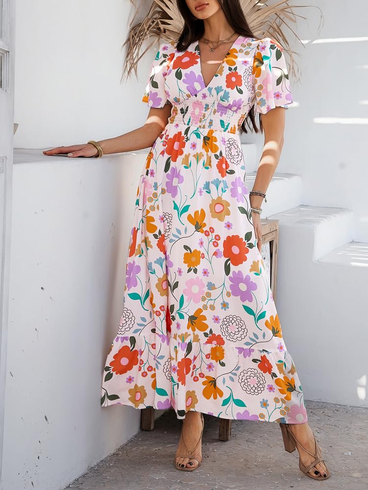Image of Boho Floral Maxi Dress for Women 2026 Empire Waist Short Sleeve Dresses Summer Beach Vacation Wedding Guest Outfit