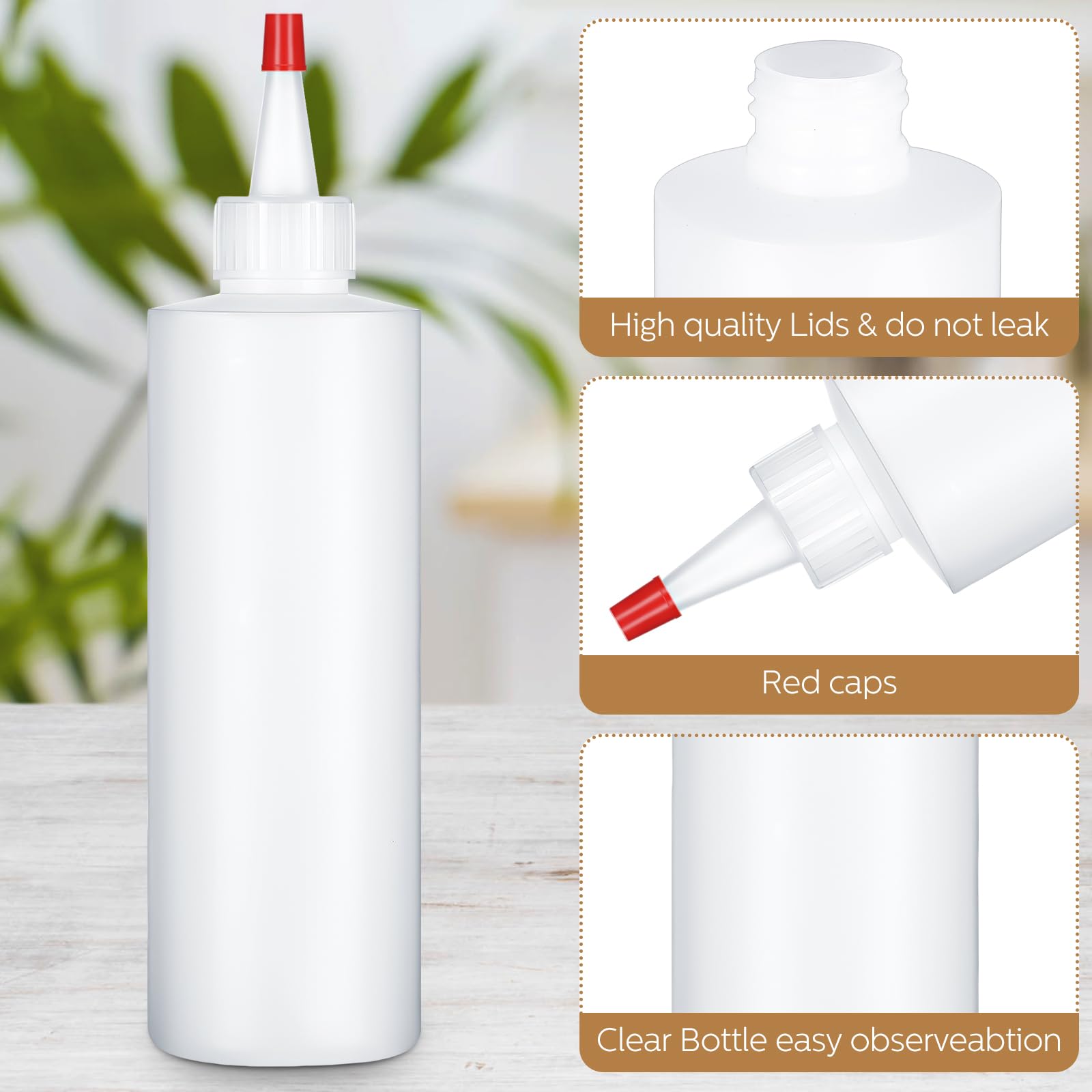 Jinei Paquete de 60 botellas de plástico transparentes para condimentos de 8 onzas, con tapa de punta roja, botella vacía de cocina a prueba de fugas para artes y manualidades