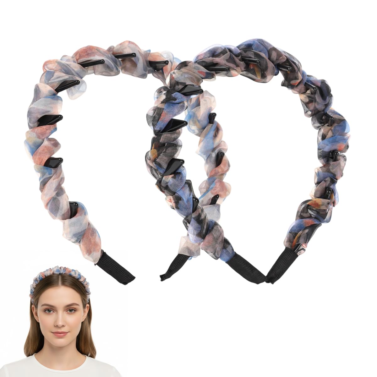 2pcs headbands for women twisted fabric hair bands with black spikes, lightweight & no tangle, fashion rustic style hairband for casual wear or parties
