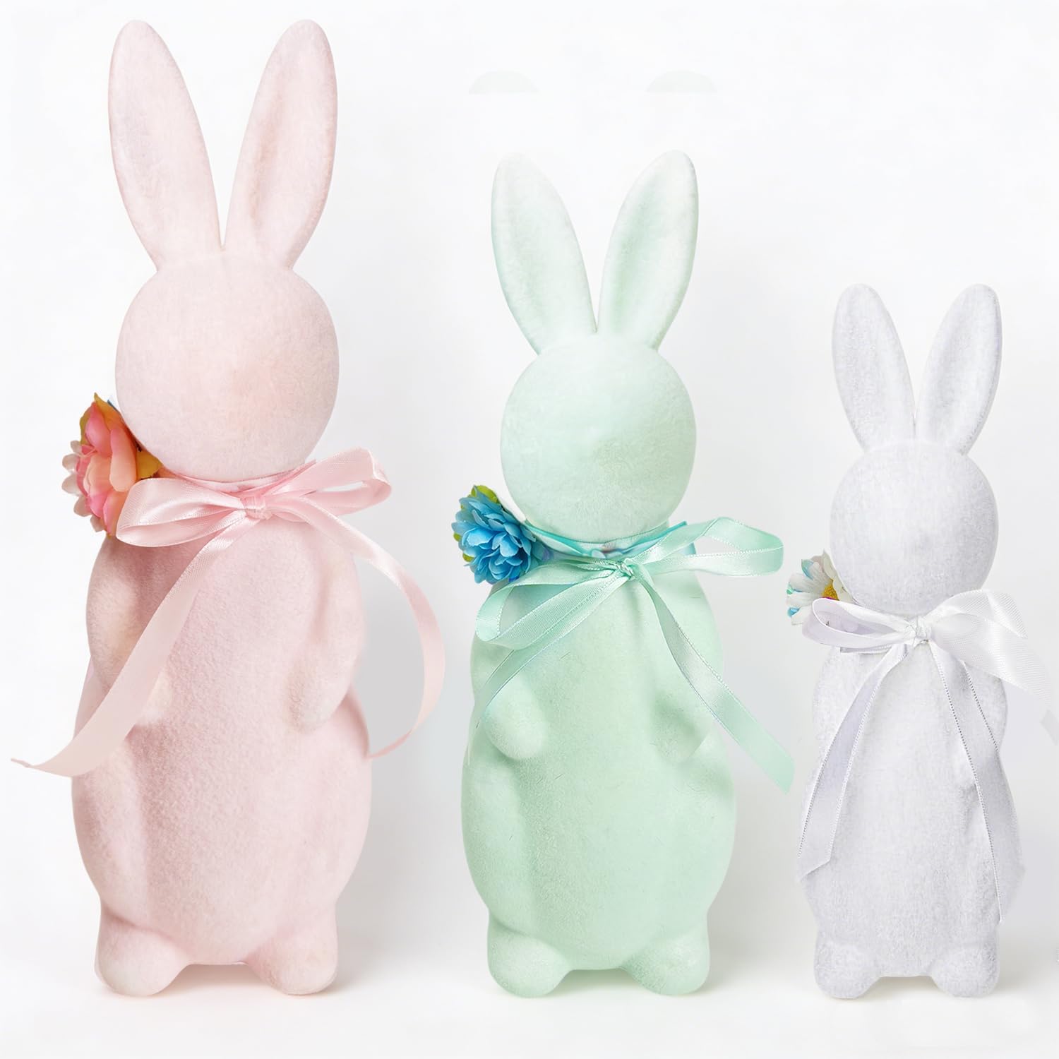 Orgrimmar Easter Pastel Flocked Bunny Decor - 3 Pack Soft Bunny Figurines, Indoor Tabletop Accents for Home Spring Decor & Easter Party Supplies